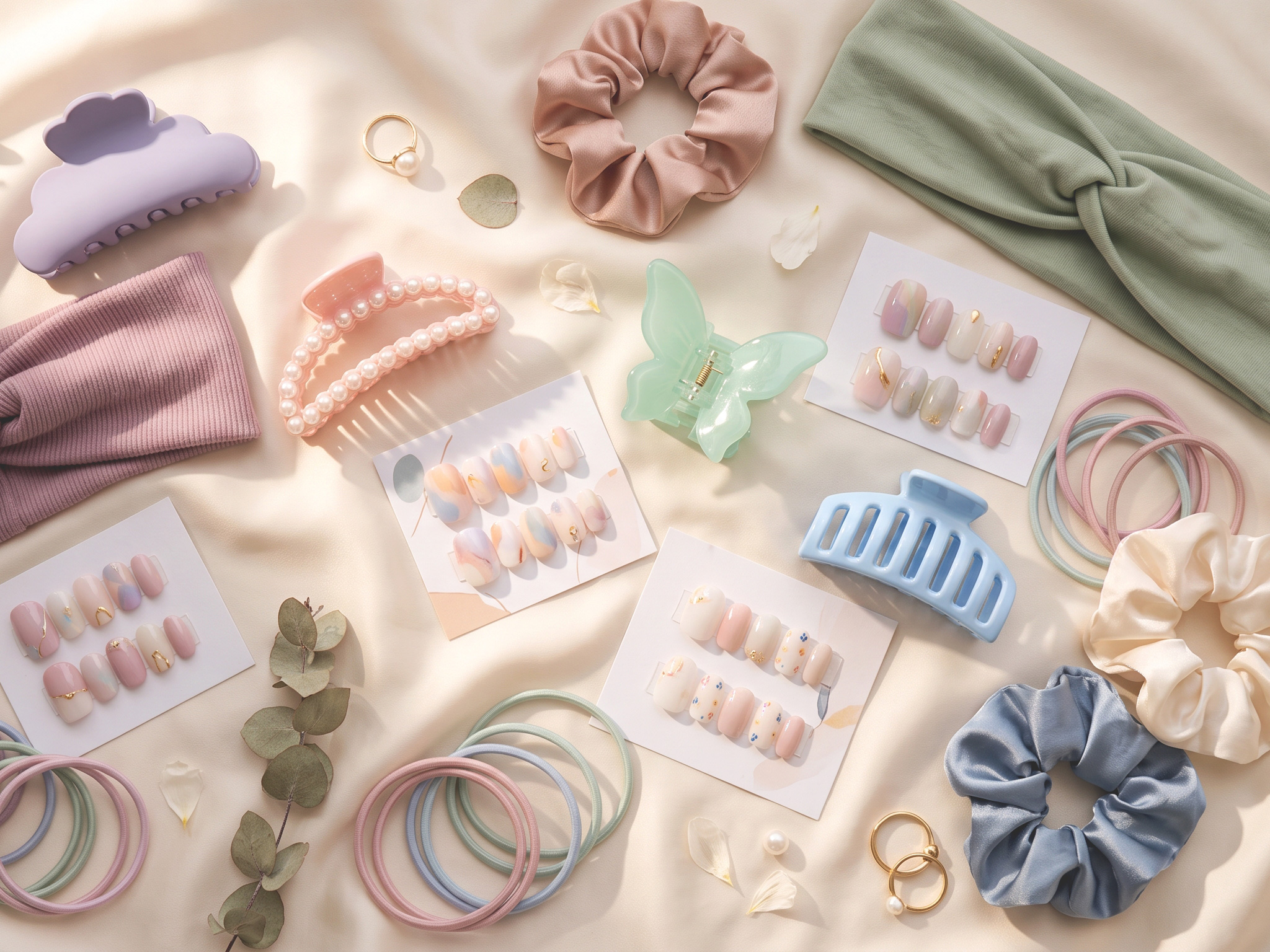 A curation of Mevrina's various beauty and styling accessories: claw clips, headbands, nails, earrings